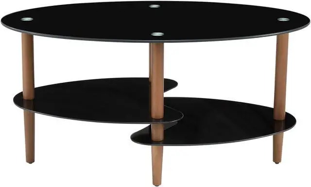 Alt view image 5 of 7 - Black Oval glass coffee table, modern table in living room Oak wood leg tea table 3-layer  tempered glass table