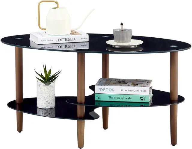 Alt view image 3 of 7 - Black Oval glass coffee table, modern table in living room Oak wood leg tea table 3-layer  tempered glass table