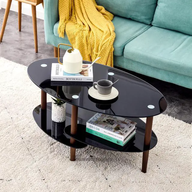 Alt view image 2 of 7 - Black Oval glass coffee table, modern table in living room Oak wood leg tea table 3-layer  tempered glass table