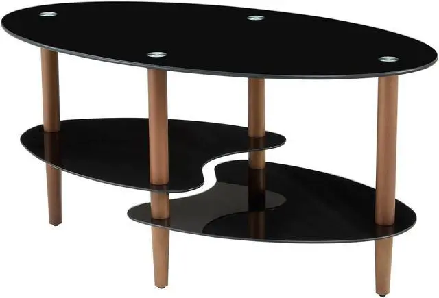 Alt view image 7 of 7 - Black Oval glass coffee table, modern table in living room Oak wood leg tea table 3-layer  tempered glass table