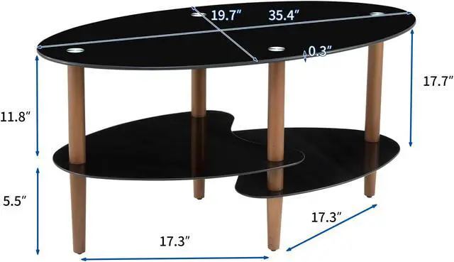 Alt view image 6 of 7 - Black Oval glass coffee table, modern table in living room Oak wood leg tea table 3-layer  tempered glass table