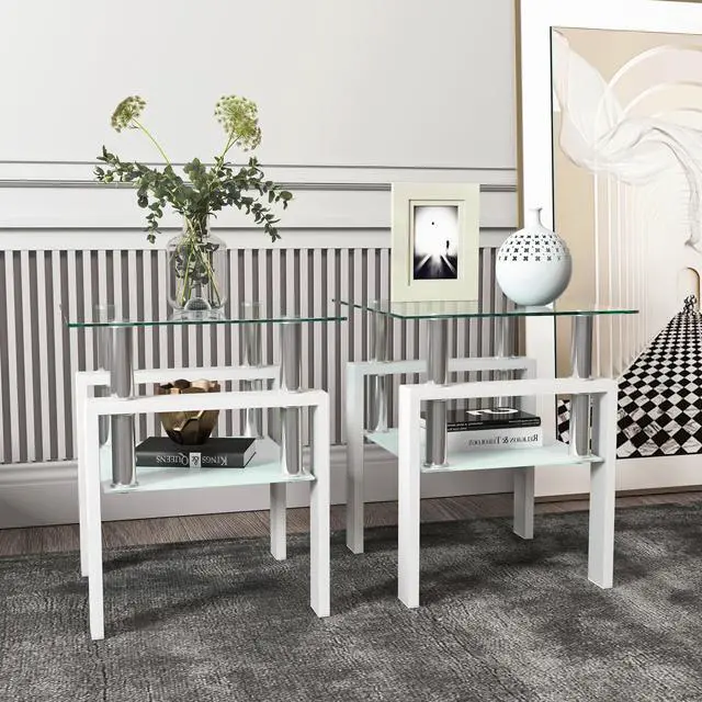 Alt view image 3 of 7 - Set of 2, Modern Tempered Glass Tea Table Coffee Table End Table, Square Table for Living Room, Transparent/White