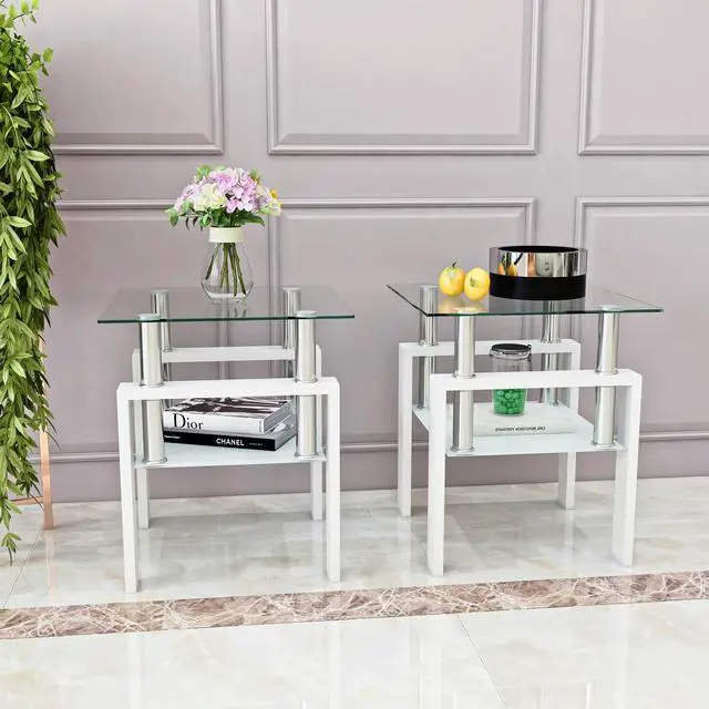 Alt view image 2 of 7 - Set of 2, Modern Tempered Glass Tea Table Coffee Table End Table, Square Table for Living Room, Transparent/White