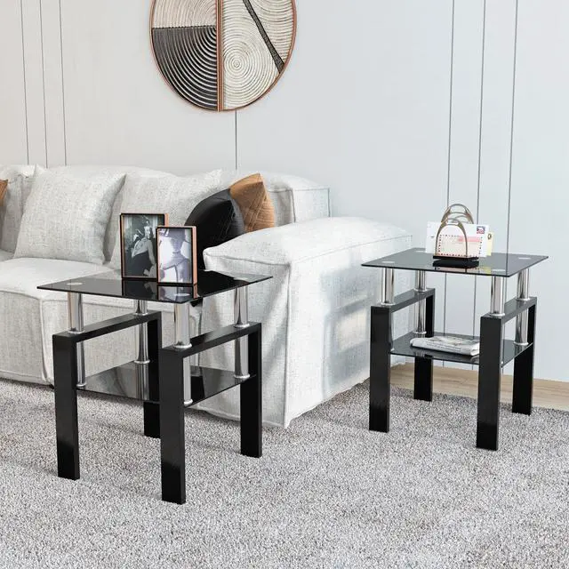 Alt view image 2 of 7 - Set of 2, Modern Tempered Glass Tea Table Coffee Table End Table, Square Table for Living Room, Black