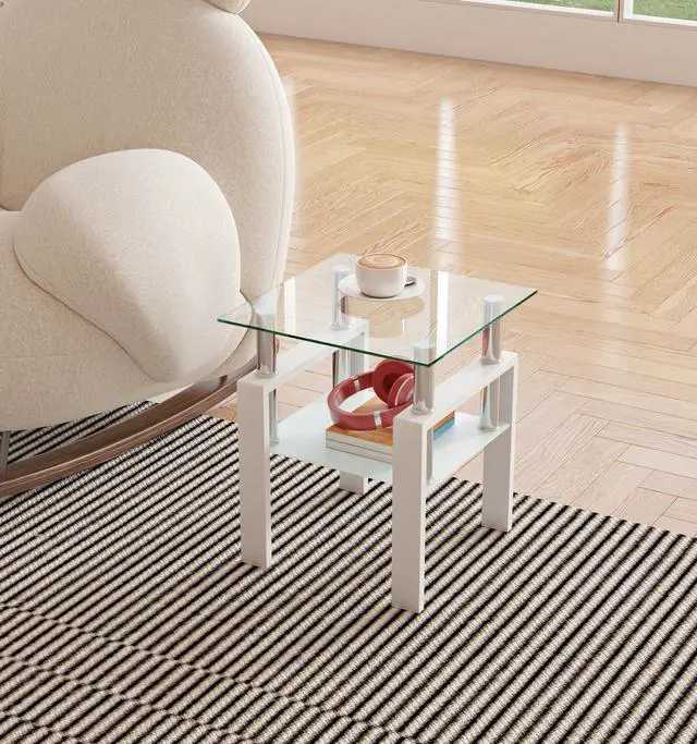 Alt view image 2 of 7 - 1-Piece Modern Tempered Glass Tea Table Coffee Table End Table, Square Table for Living Room, Transparent/White