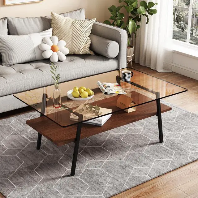 Main image of Rectangle Coffee Table, Tempered Glass Tabletop with Black Metal Legs, Modern Table for Living Room , Brown Glass