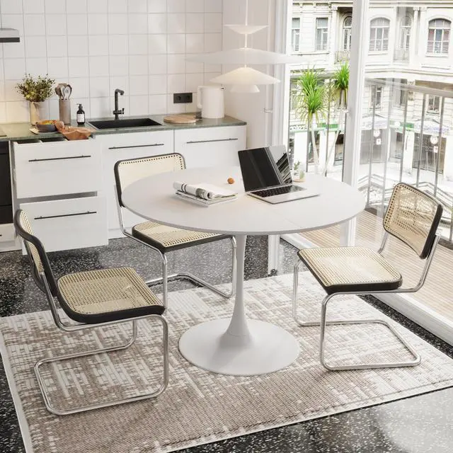 Main image of 47.24"Modern Round Dining Table,Four Patchwork Tabletops with White Color Solid Wood Grain Table Top,Metal Base Dining Table, End Table Leisure Coffee Table