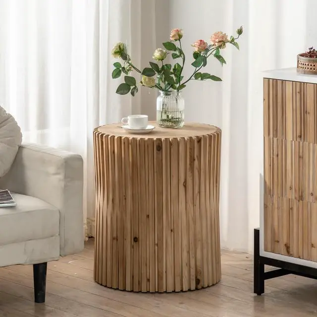 Alt view image 2 of 7 - Retro Fashion Style Cylindrical Coffee Table with Vertical Texture Relief Design,Suitable for Living Room,Office,and Dining Room