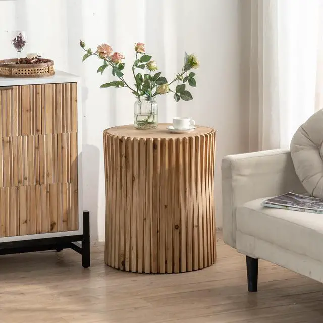 Main image of Retro Fashion Style Cylindrical Coffee Table with Vertical Texture Relief Design,Suitable for Living Room,Office,and Dining Room