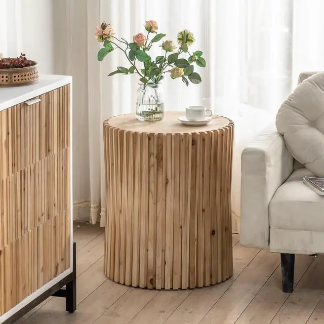 Alt view image 6 of 7 - Retro Fashion Style Cylindrical Coffee Table with Vertical Texture Relief Design,Suitable for Living Room,Office,and Dining Room