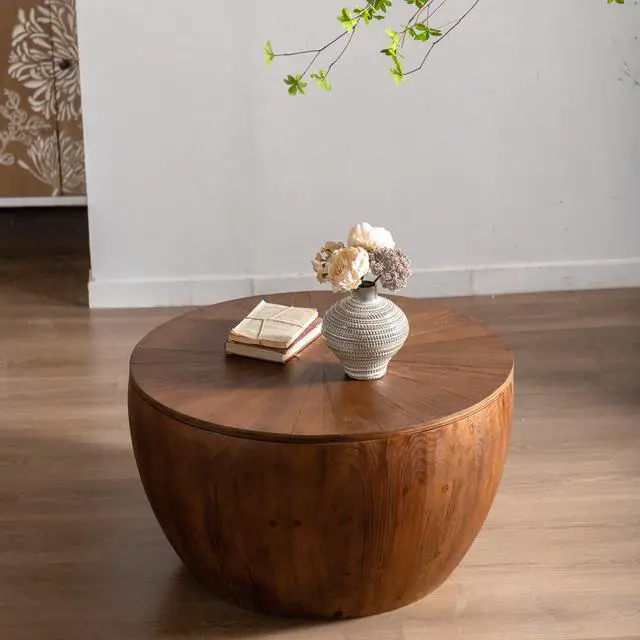 Alt view image 2 of 6 - 31.50"Vintage Style Bucket Shaped Coffee Table with storage function, for Office, Dining Room and Living Room, Brown