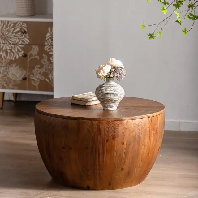 Main image of 31.50"Vintage Style Bucket Shaped Coffee Table with storage function, for Office, Dining Room and Living Room, Brown