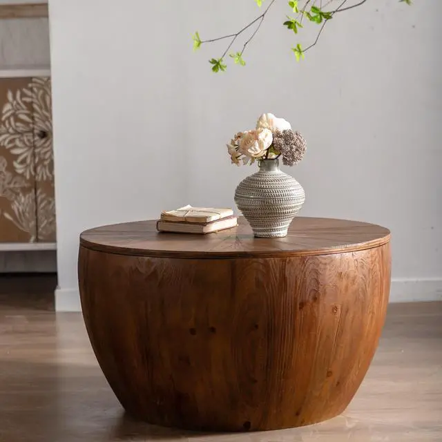Alt view image 4 of 6 - 31.50"Vintage Style Bucket Shaped Coffee Table with storage function, for Office, Dining Room and Living Room, Brown