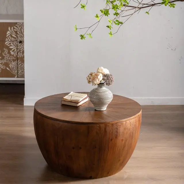 Alt view image 3 of 6 - 31.50"Vintage Style Bucket Shaped Coffee Table with storage function, for Office, Dining Room and Living Room, Brown