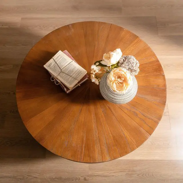 Alt view image 5 of 6 - 31.50"Vintage Style Bucket Shaped Coffee Table with storage function, for Office, Dining Room and Living Room, Brown