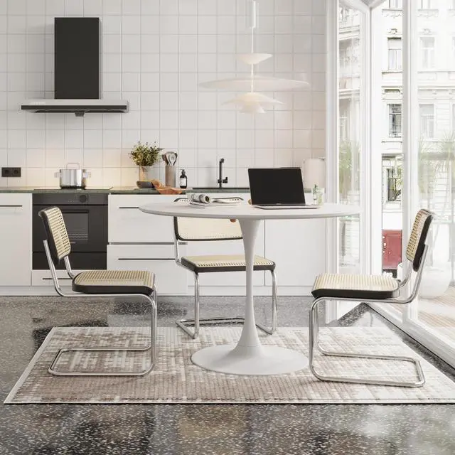 Alt view image 2 of 7 - 47.24"Modern Round Dining Table,Four Patchwork Tabletops with White Color Solid Wood Grain Table Top,Metal Base Dining Table, End Table Leisure Coffee Table