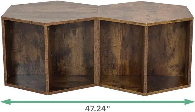 Alt view image 3 of 7 - 47.24'' Hexagonal Coffee Table Side Table Nightstand Antique Wood 2PCS
