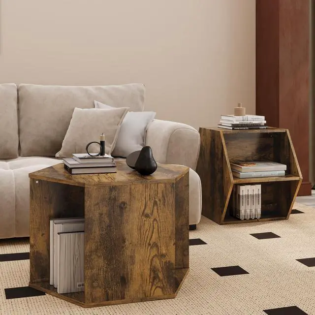 Alt view image 2 of 7 - 47.24'' Hexagonal Coffee Table Side Table Nightstand Antique Wood 2PCS