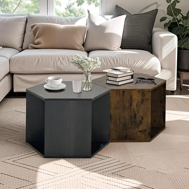 Alt view image 3 of 7 - 23.62'' Hexagonal Coffee Table Side Table Nightstand Antique Wood