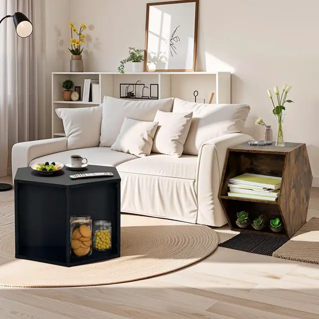 Alt view image 4 of 7 - 23.62'' Hexagonal Coffee Table Side Table Nightstand Antique Wood