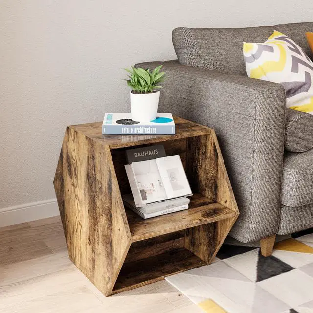 Alt view image 2 of 7 - 23.62'' Hexagonal Coffee Table Side Table Nightstand Antique Wood