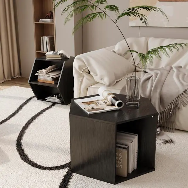 Alt view image 2 of 7 - 47.24'' Hexagonal Coffee Table Side Table Nightstand Burmese Sumac 2PCS