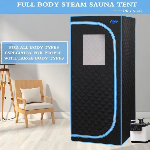 Main image of Portable Plus Type Full Size Steam Sauna tent. Spa, Detox ,Therapy and Relaxation at home.Larger Space,Stainless Steel Pipes Connector Easy to Install, with FCC Certification--Black(Blue binding)