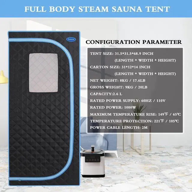 Alt view image 7 of 7 - Portable Plus Type Full Size Steam Sauna tent. Spa, Detox ,Therapy and Relaxation at home.Larger Space,Stainless Steel Pipes Connector Easy to Install, with FCC Certification--Black(Blue binding)