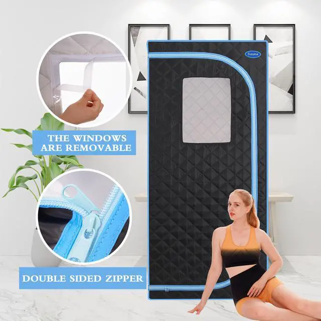 Alt view image 4 of 7 - Portable Plus Type Full Size Far Infrared Sauna tent. Spa, Detox ,Therapy and Relaxation at home.Larger Space,Stainless Steel Pipes Connector Easy to Install.FCC Certification--Black(Blue binding)