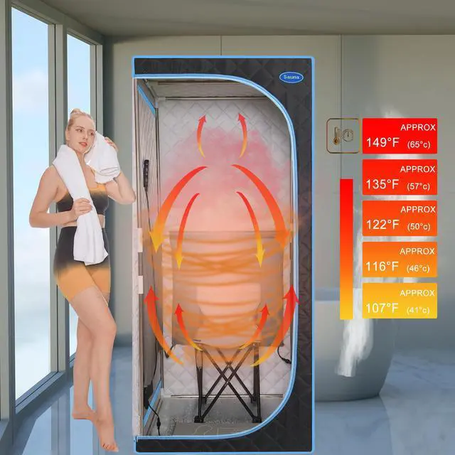Alt view image 6 of 7 - Portable Plus Type Full Size Far Infrared Sauna tent. Spa, Detox ,Therapy and Relaxation at home.Larger Space,Stainless Steel Pipes Connector Easy to Install.FCC Certification--Black(Blue binding)