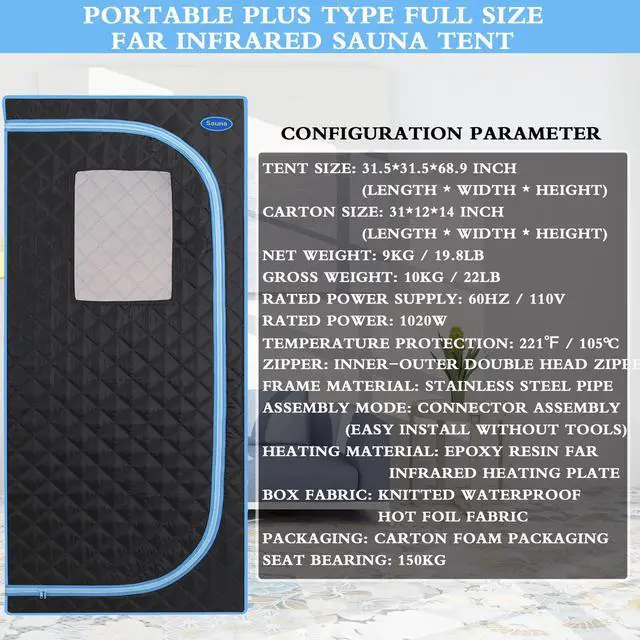 Alt view image 5 of 7 - Portable Plus Type Full Size Far Infrared Sauna tent. Spa, Detox ,Therapy and Relaxation at home.Larger Space,Stainless Steel Pipes Connector Easy to Install.FCC Certification--Black(Blue binding)