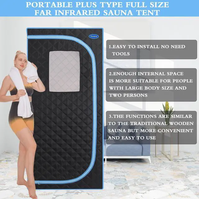 Alt view image 2 of 7 - Portable Plus Type Full Size Far Infrared Sauna tent. Spa, Detox ,Therapy and Relaxation at home.Larger Space,Stainless Steel Pipes Connector Easy to Install.FCC Certification--Black(Blue binding)