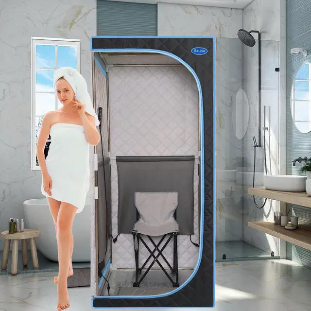 Alt view image 3 of 7 - Portable Plus Type Full Size Far Infrared Sauna tent. Spa, Detox ,Therapy and Relaxation at home.Larger Space,Stainless Steel Pipes Connector Easy to Install.FCC Certification--Black(Blue binding)