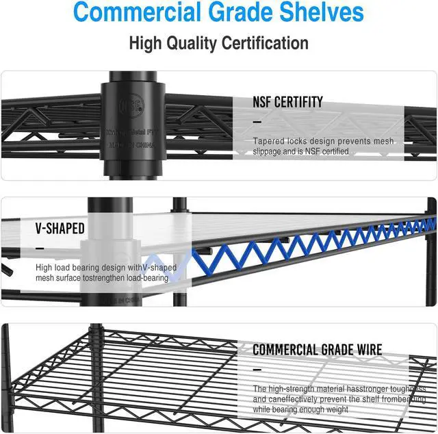 Alt view image 4 of 7 - 3 Tier Wire Shelving Unit, 1050 LBS NSF Height Adjustable Metal Garage Storage Shelves, Heavy Duty Storage Wire Rack Metal Shelves - Black