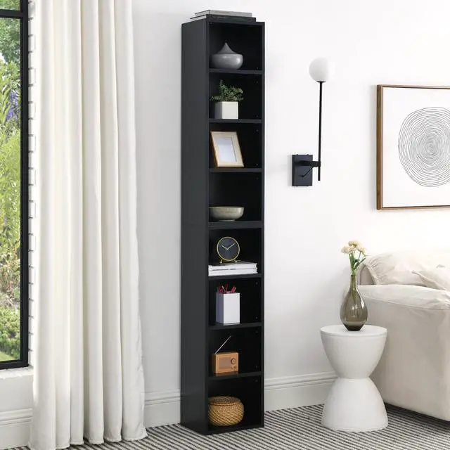 Main image of 8-Tier Media Tower Rack, CD DVD Slim Storage Cabinet with Adjustable Shelves, Tall Narrow Bookcase Display Bookshelf for Home Office,Multi-functional double-decker bookcase