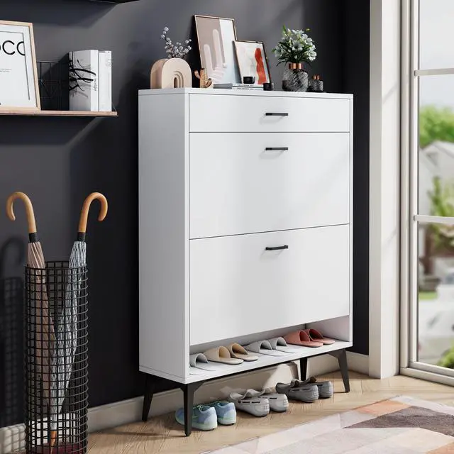 Main image of Shoe Cabinet , Shoe storage shelves, metal leg, White