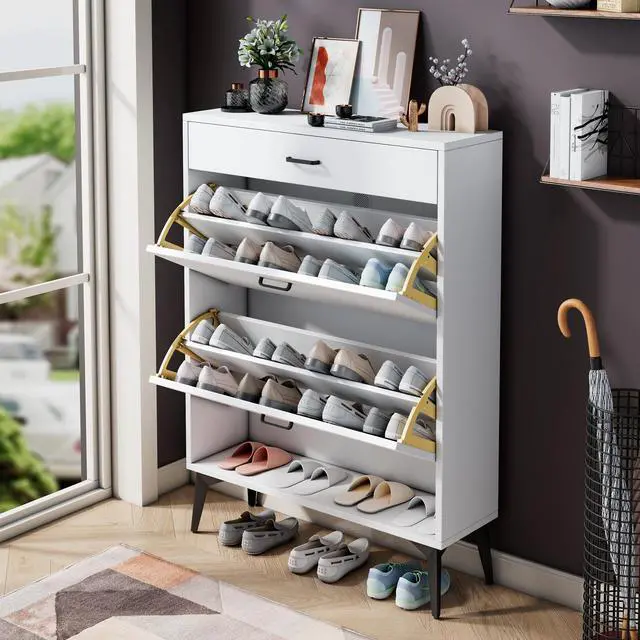 Alt view image 3 of 7 - Shoe Cabinet , Shoe storage shelves, metal leg, White