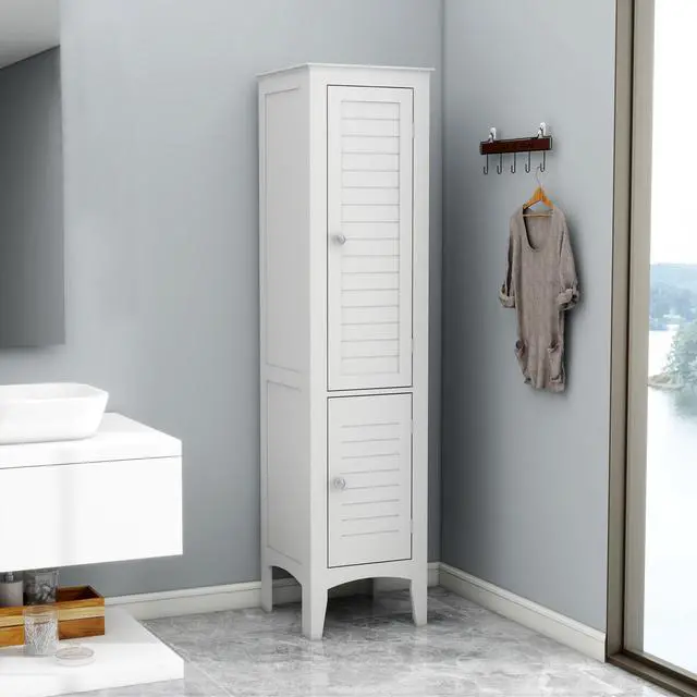 Main image of Tall Narrow Tower Freestanding Cabinet with 2 Shutter Doors 5 Tier Shelves for Bathroom, Kitchen ,Living Room ,Storage Cabinet,White