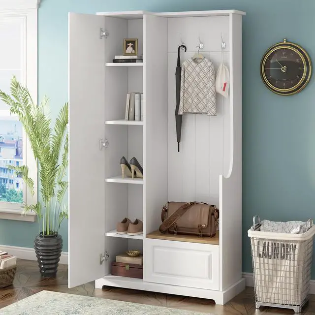 Main image of ON-TREND Stylish Design Hall Tree with Flip-Up Bench, Minimalist Hallway Shoe Cabinet with Adjustable Shelves, Multifunctional Furniture with Hanging Hooks for Entryways, Mudroom, White