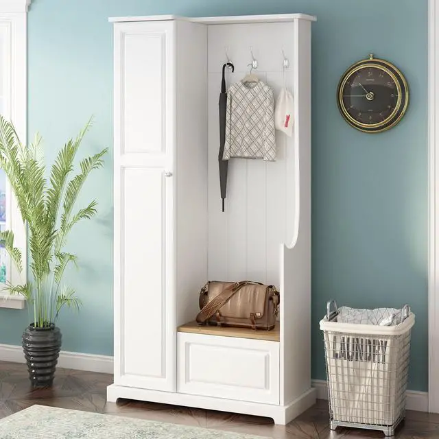 Alt view image 2 of 7 - ON-TREND Stylish Design Hall Tree with Flip-Up Bench, Minimalist Hallway Shoe Cabinet with Adjustable Shelves, Multifunctional Furniture with Hanging Hooks for Entryways, Mudroom, White