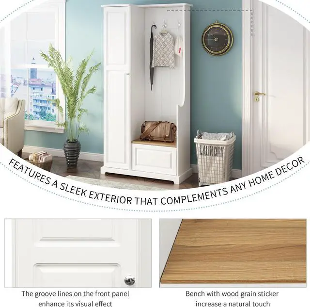 Alt view image 4 of 7 - ON-TREND Stylish Design Hall Tree with Flip-Up Bench, Minimalist Hallway Shoe Cabinet with Adjustable Shelves, Multifunctional Furniture with Hanging Hooks for Entryways, Mudroom, White