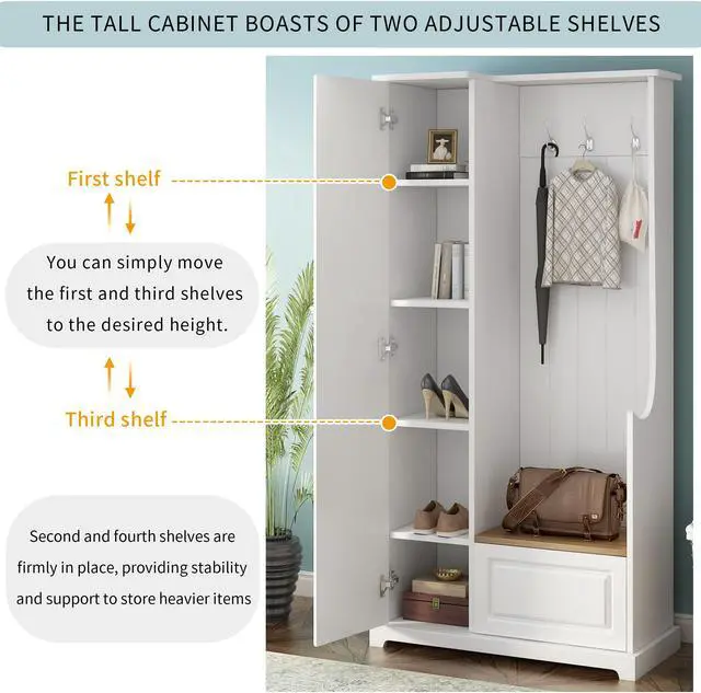 Alt view image 6 of 7 - ON-TREND Stylish Design Hall Tree with Flip-Up Bench, Minimalist Hallway Shoe Cabinet with Adjustable Shelves, Multifunctional Furniture with Hanging Hooks for Entryways, Mudroom, White
