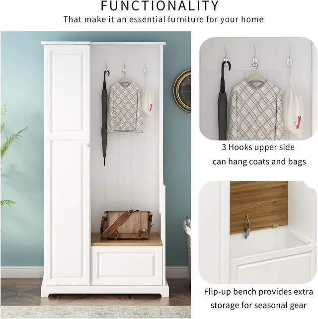 Alt view image 5 of 7 - ON-TREND Stylish Design Hall Tree with Flip-Up Bench, Minimalist Hallway Shoe Cabinet with Adjustable Shelves, Multifunctional Furniture with Hanging Hooks for Entryways, Mudroom, White