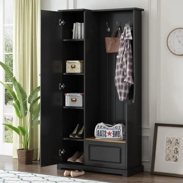 Main image of ON-TREND Stylish Design Hall Tree with Flip-Up Bench, Minimalist Hallway Shoe Cabinet with Adjustable Shelves, Multifunctional Furniture with Hanging Hooks for Entryways, Mudroom, Black