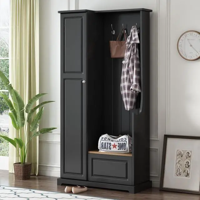 Alt view image 2 of 7 - ON-TREND Stylish Design Hall Tree with Flip-Up Bench, Minimalist Hallway Shoe Cabinet with Adjustable Shelves, Multifunctional Furniture with Hanging Hooks for Entryways, Mudroom, Black