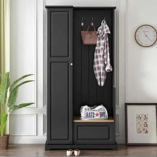 Alt view image 3 of 7 - ON-TREND Stylish Design Hall Tree with Flip-Up Bench, Minimalist Hallway Shoe Cabinet with Adjustable Shelves, Multifunctional Furniture with Hanging Hooks for Entryways, Mudroom, Black