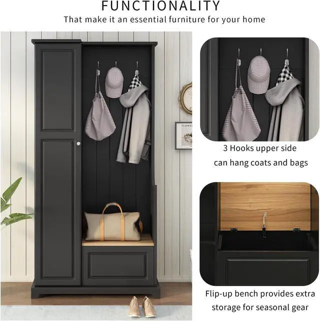 Alt view image 5 of 7 - ON-TREND Stylish Design Hall Tree with Flip-Up Bench, Minimalist Hallway Shoe Cabinet with Adjustable Shelves, Multifunctional Furniture with Hanging Hooks for Entryways, Mudroom, Black