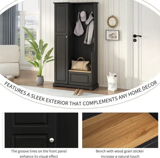 Alt view image 4 of 7 - ON-TREND Stylish Design Hall Tree with Flip-Up Bench, Minimalist Hallway Shoe Cabinet with Adjustable Shelves, Multifunctional Furniture with Hanging Hooks for Entryways, Mudroom, Black