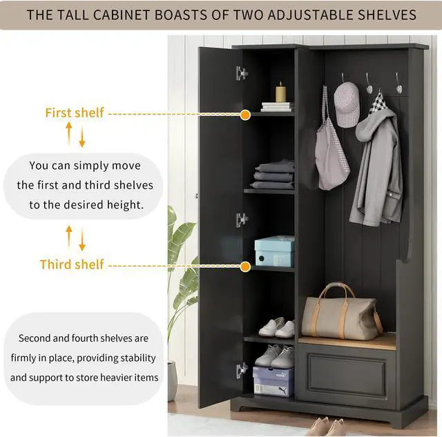 Alt view image 6 of 7 - ON-TREND Stylish Design Hall Tree with Flip-Up Bench, Minimalist Hallway Shoe Cabinet with Adjustable Shelves, Multifunctional Furniture with Hanging Hooks for Entryways, Mudroom, Black