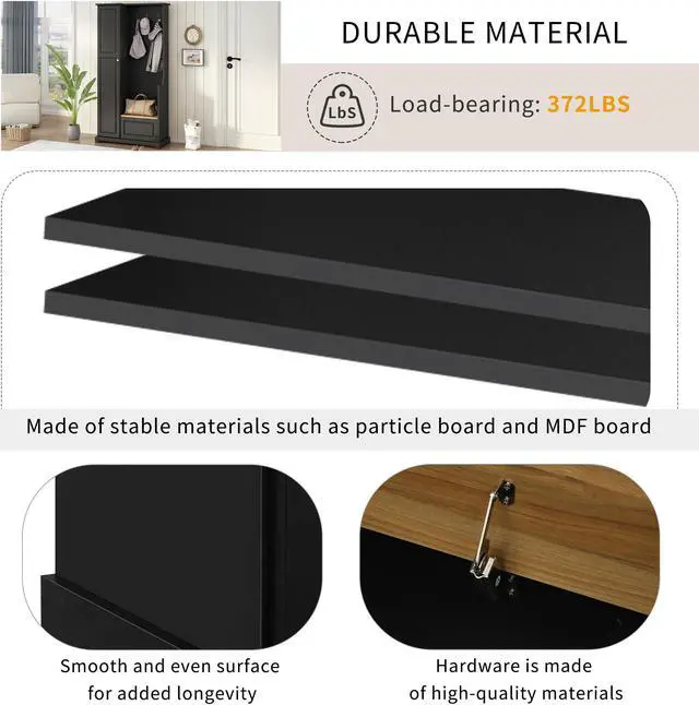 Alt view image 7 of 7 - ON-TREND Stylish Design Hall Tree with Flip-Up Bench, Minimalist Hallway Shoe Cabinet with Adjustable Shelves, Multifunctional Furniture with Hanging Hooks for Entryways, Mudroom, Black